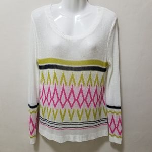 Cecico Womens Sweater Knit Neon Geometric White Sz S Scoop Striped Colorful